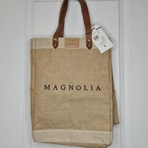 NWT Magnolia Market Burlap Apolis Tote Bag Joanna Gaines Leather Handles